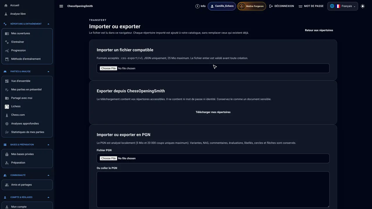 Écran Importer ou exporter de ChessOpeningSmith, avec la zone d’import d’un fichier PGN et le champ pour coller du texte PGN